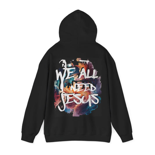 Christian Hoodie — "We All Need Jesus" Graphite Splash
